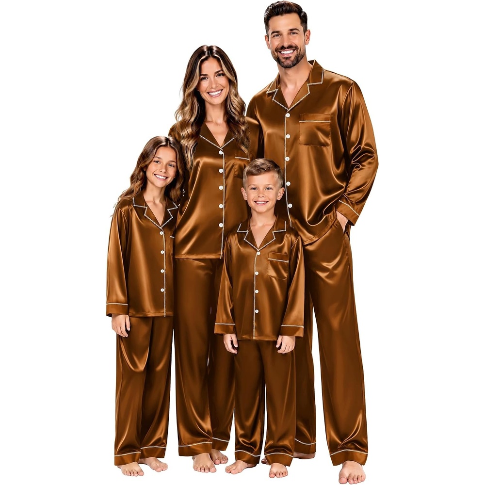 image:imageSWOMOG Christmas Matching Family Pajamas Set Silk Satin Button Down Long Sleeve WomenMenKids 2PCS Holiday SleepwearDeep Brick Red