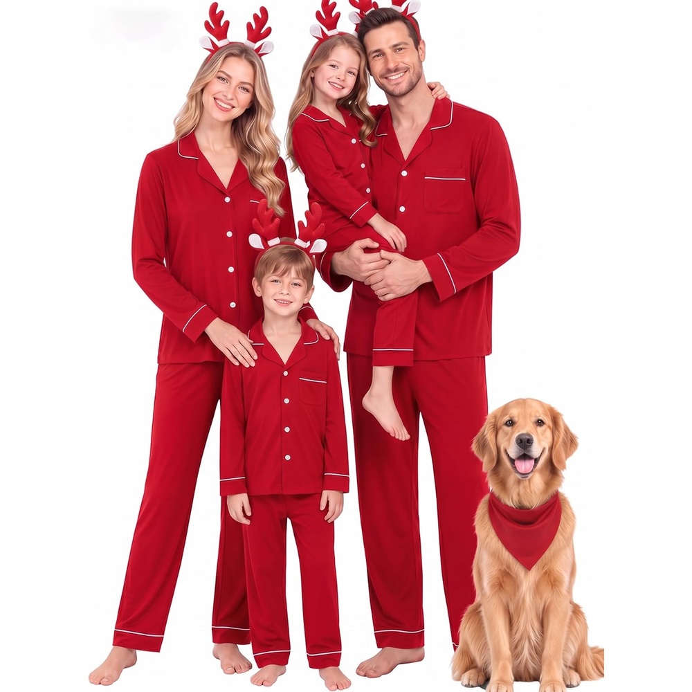 image:imageSWOMOG Family Christmas Pajamas Set Long Sleeve Button Down Sleepwear Festival Party Xmas Holiday Pjs SetRed