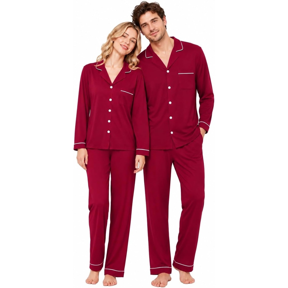 image:imageSWOMOG Family Christmas Pajamas Set Long Sleeve Button Down Sleepwear Festival Party Xmas Holiday Pjs SetWine Red