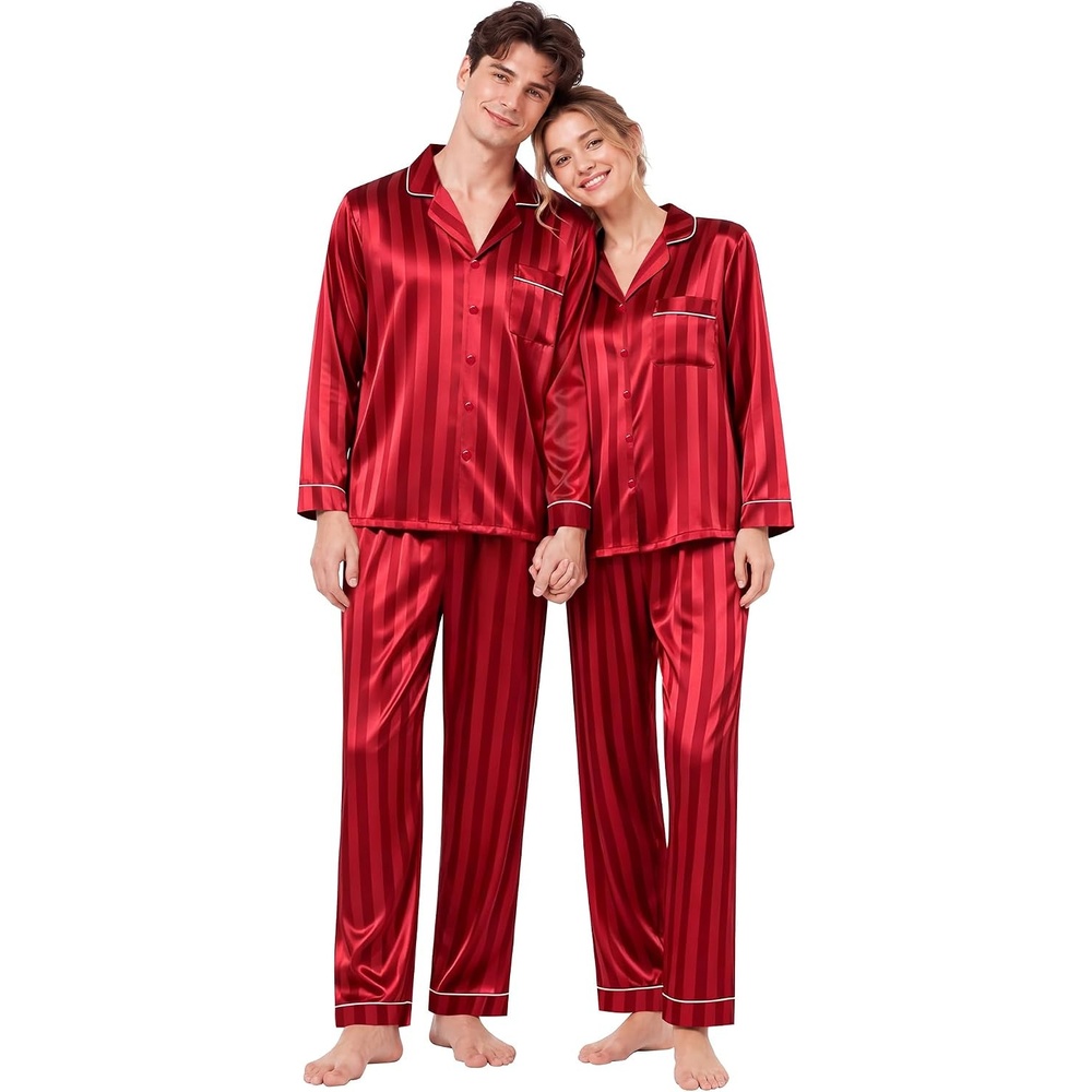 image:imageSWOMOG Family Matching Button Down Pajamas Pjs Silk Satin Long Sleeve Shirt Long Pants Set Sleepwear 2 Pcs Outfits LoungewearRed Stripes