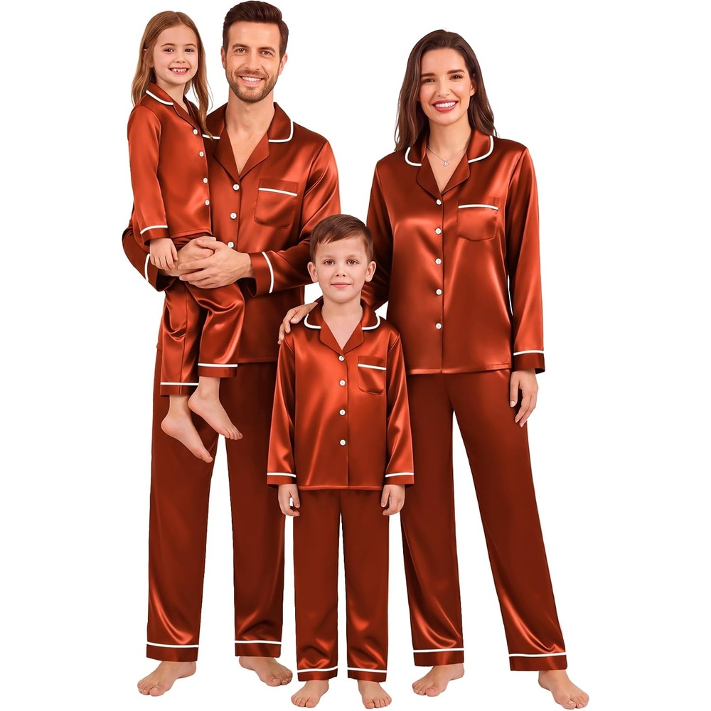 image:imageSWOMOG Family Matching Christmas Pajamas Set Silk Satin Long Sleeve Sleepwear WomenMenKids Button Down Loungewear Pj SetRust Brown