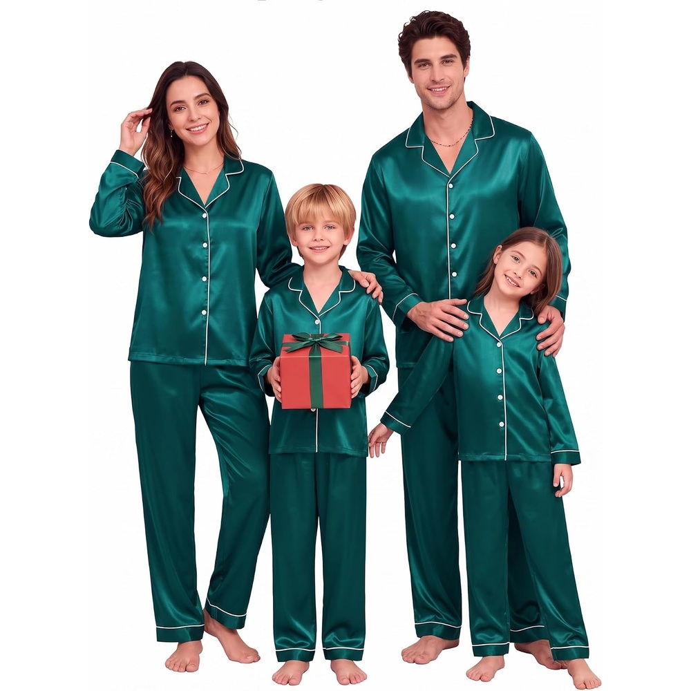 image:imageSWOMOG Family Matching Pajamas Sets Long Sleeve 2 Pcs Silk Satin PJs SetsDeep Green