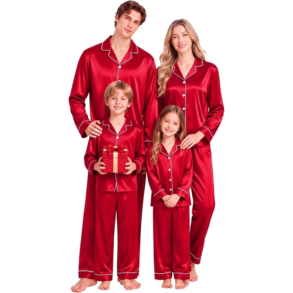 image:imageSWOMOG Family Matching Pajamas Sets Long Sleeve 2 Pcs Silk Satin PJs SetsRed