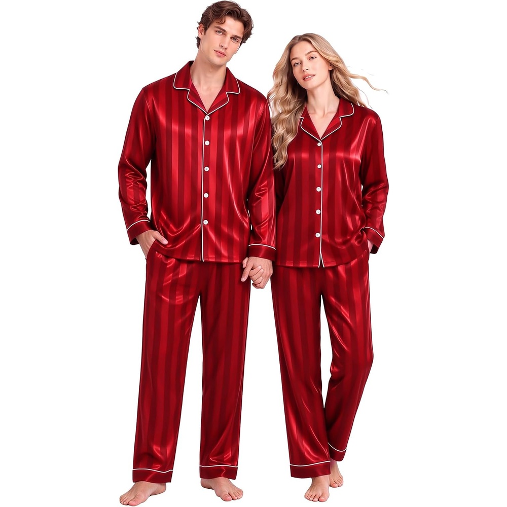 image:imageSWOMOG Family Matching Pajamas Sets Long Sleeve 2 Pcs Silk Satin PJs SetsRed Striped