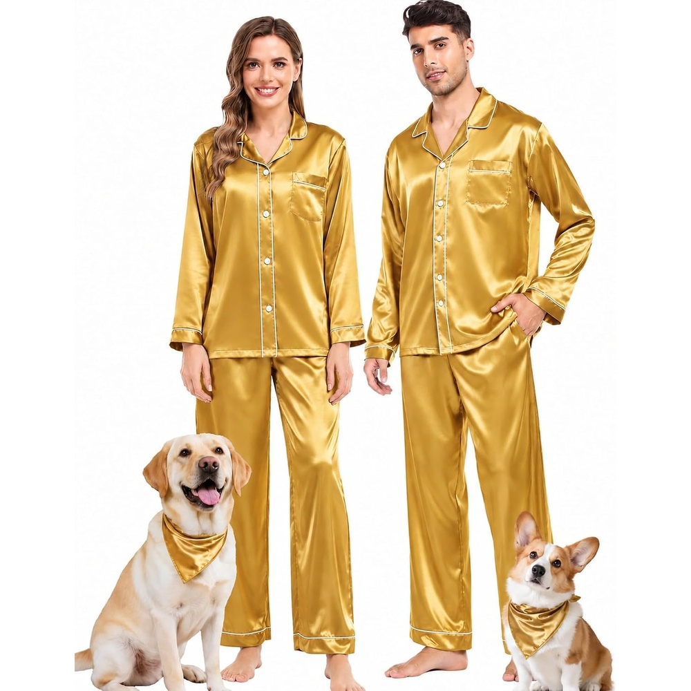 image:imageSWOMOG Family Satin Matching Pajama Set Long Sleeve Sleepwear 2 Pcs Pj SetGold