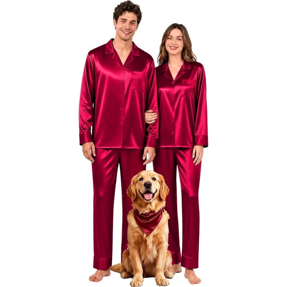 image:imageSWOMOG Family Satin Pajama Set Long Sleeve Sleepwear Button Down Loungewear Silky Pj Set with Long PantsBurgundy