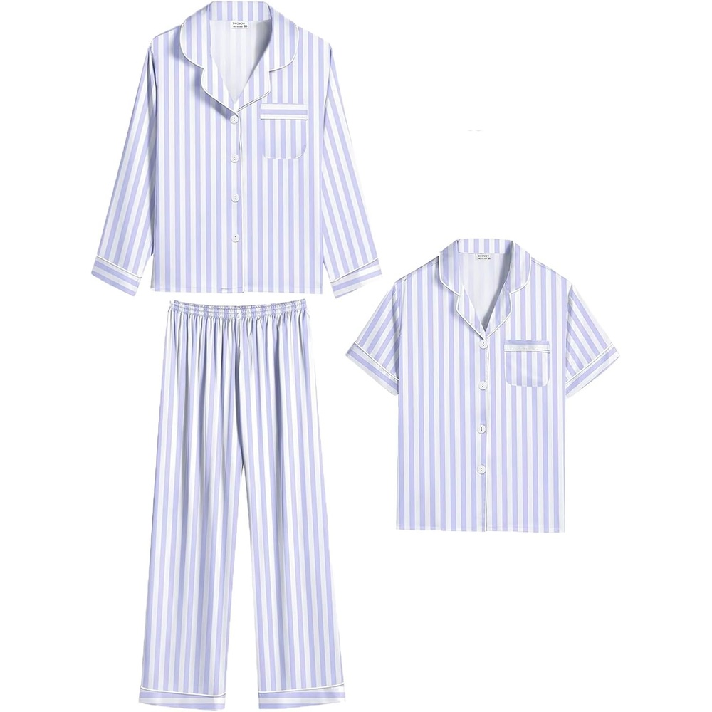 image:imageSWOMOG Kids Satin Pajamas Sets Girls Boys ButtonDown Pjs Short Sleeve Silk Nightwear 2 Piece Lounge SetsLong Sleeveblue Striped
