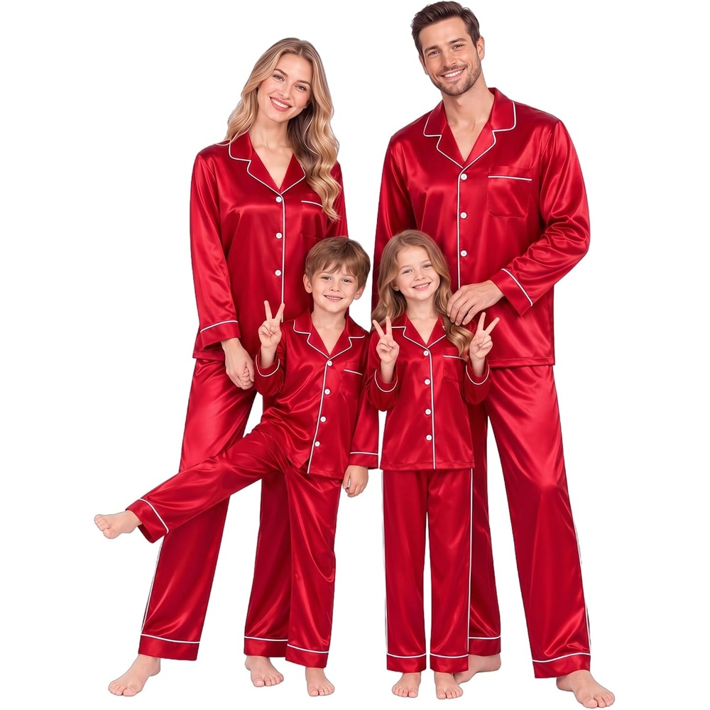 image:imageSWOMOG Matching Family Christmas Pajamas Set Couple Silk Satin Pj Set Button Down WomenMenKids Holiday SleepwearRed