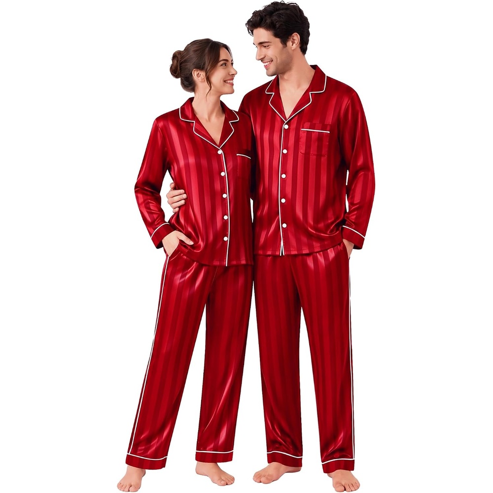 image:imageSWOMOG Matching Family Christmas Pajamas Set Couple Silk Satin Pj Set Button Down WomenMenKids Holiday SleepwearRed Striped