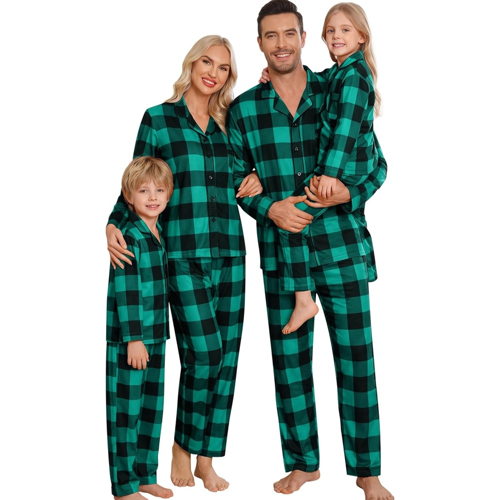 image:imageSWOMOG Matching Family Pajama Set Long Sleeve Christmas Pajama Button Down Holiday Sleepwear Set with PocketsGreen Plaid