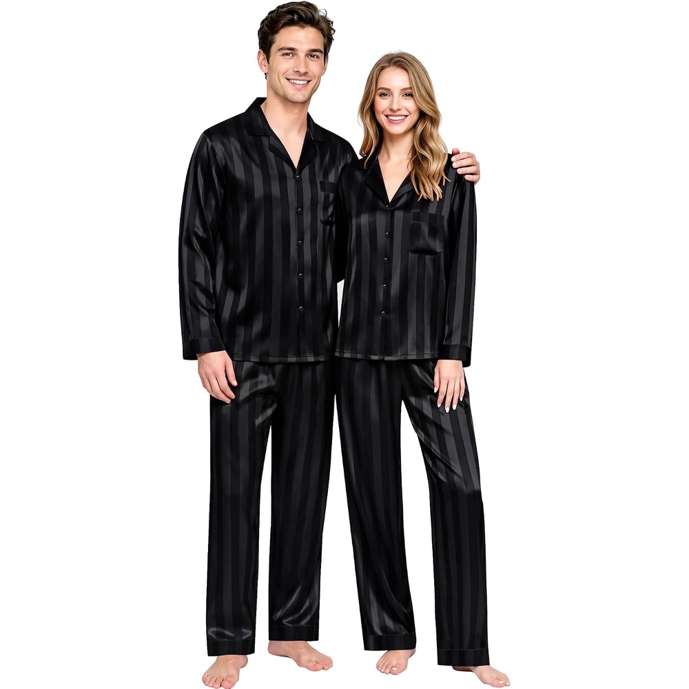 image:imageSWOMOG Matching Family Pajamas Set Silky Satin Christmas Pj Set Long Sleeve Button Down Sleepwear 2 Pcs Couple Matching SetBlack Stripe