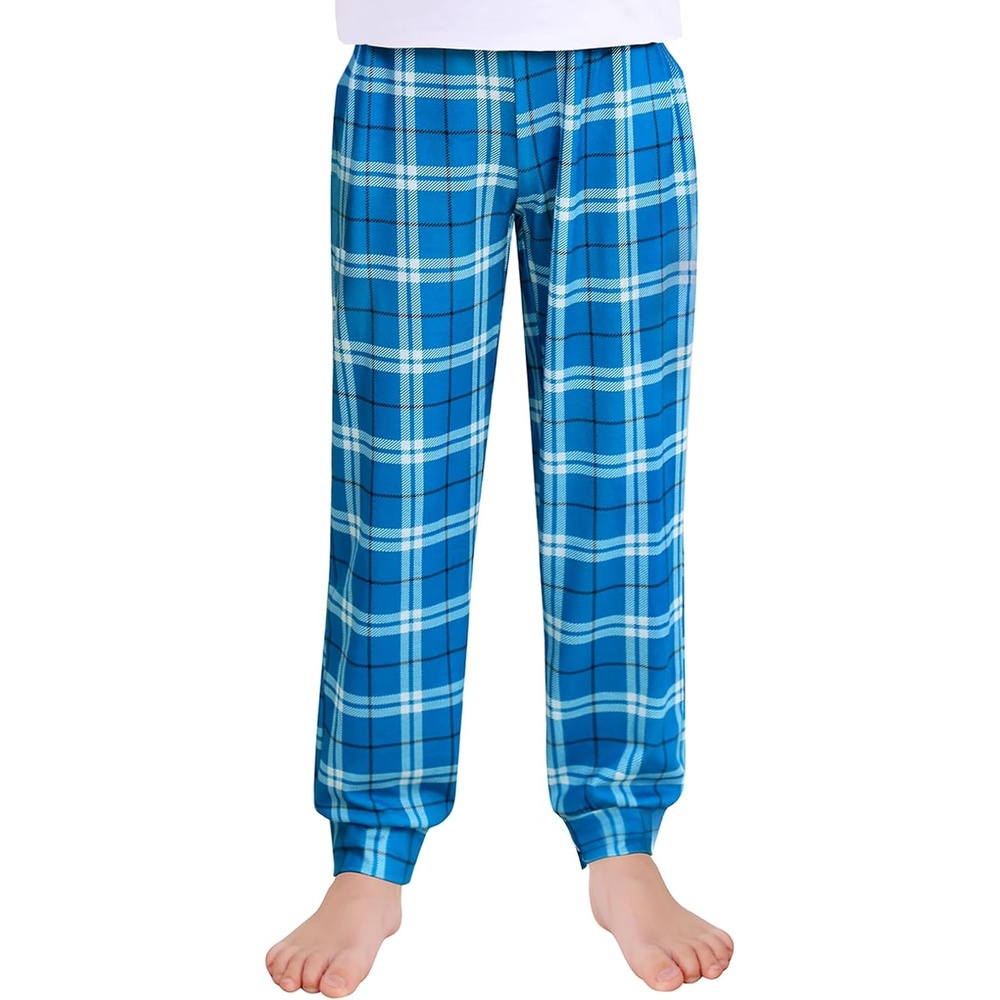 image:imageSWOMOG Unisex Kids Plaid Pajama Pants for Boys amp Girls Comfy Sleepwear Bottoms Lounge Jogger PJ Pants with PocketsCyan Blue