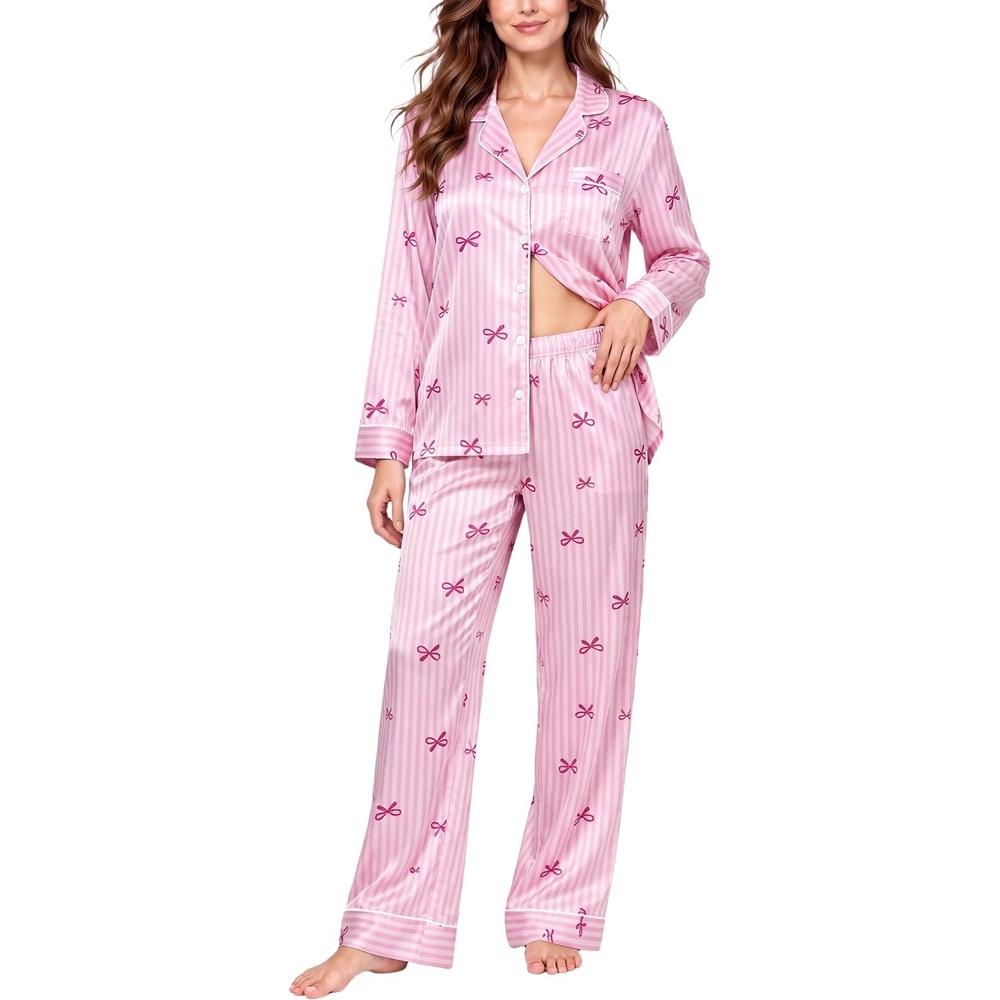 image:imageSWOMOG Womens Satin Pajamas Long Sleeve Sleepwear Silk Soft Button Down Loungewear Pjs Set SXXLPink Striped