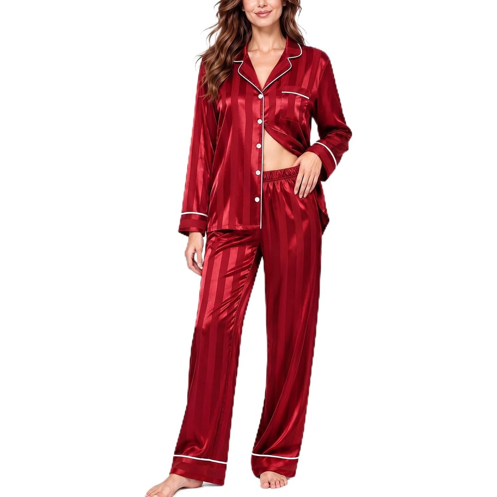 image:imageSWOMOG Womens Satin Pajamas Long Sleeve Sleepwear Silk Soft Button Down Loungewear Pjs Set SXXLRed Striped