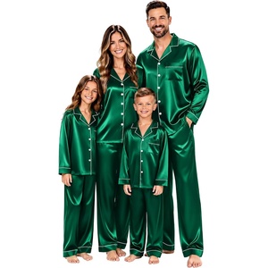 SWOMOG Christmas Matching Family Pajamas Set Silk Satin Button Down Long Sleeve Women/Men/Kids 2PCS Holiday Sleepwear(Green Emerald)