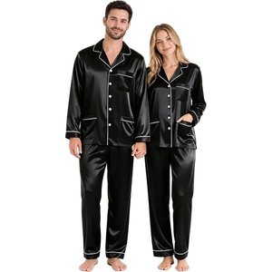 SWOMOG Couples Matching Pajamas Set WoWomen & Women Satin Long Sleeve Sleepwear Soft Button Down Pj Set Silk Loungewear Women Black Large
