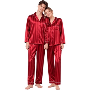SWOMOG Family Matching Button Down Pajamas Pjs Silk Satin Long Sleeve Shirt Long Pants Set Sleepwear 2 Pcs Outfits Loungewear(Red Stripes)