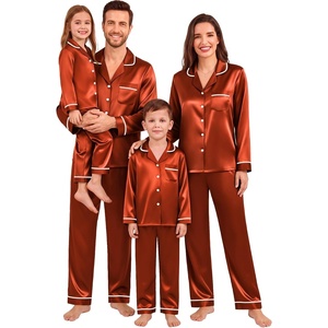 SWOMOG Family Matching Christmas Pajamas Set Silk Satin Long Sleeve Sleepwear Women/Men/Kids Button Down Loungewear Pj Set(Rust Brown)