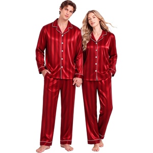 SWOMOG Family Matching Pajamas Sets Long Sleeve 2 Pcs Silk Satin PJs Sets(Red Striped)