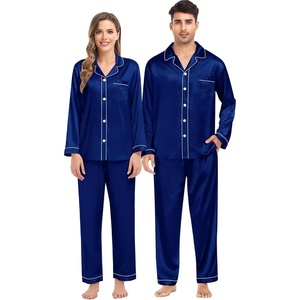 SWOMOG Family Satin Matching Pajama Set, Long Sleeve Sleepwear 2 Pcs Pj Set(Navy Blue)