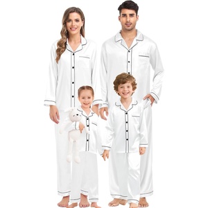 SWOMOG Family Satin Matching Pajama Set, Long Sleeve Sleepwear 2 Pcs Pj Set(White)