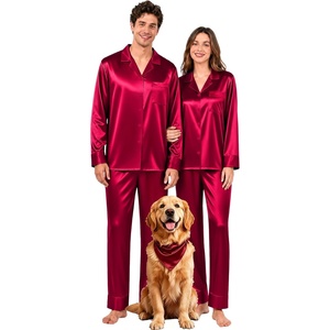 SWOMOG Family Satin Pajama Set Long Sleeve Sleepwear Button Down Loungewear Silky Pj Set with Long Pants(Burgundy)