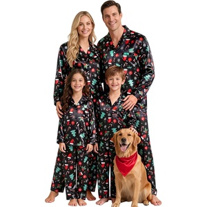 SWOMOG Matching Family Pajamas Set Silky Satin Christmas Pj Set Long Sleeve Button Down Sleepwear 2 Pcs Couple Matching Set(Black Chirstmas Pattern)