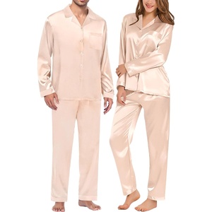 SWOMOG Matching Family Pajamas Set Silky Satin Christmas Pj Set Long Sleeve Button Down Sleepwear 2 Pcs Couple Matching Set(Champagne)