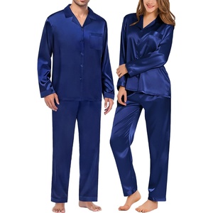 SWOMOG Matching Family Pajamas Set Silky Satin Christmas Pj Set Long Sleeve Button Down Sleepwear 2 Pcs Couple Matching Set(Navy Blue)