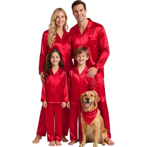 SWOMOG Matching Family Pajamas Set Silky Satin Christmas Pj Set Long Sleeve Button Down Sleepwear 2 Pcs Couple Matching Set(Red)