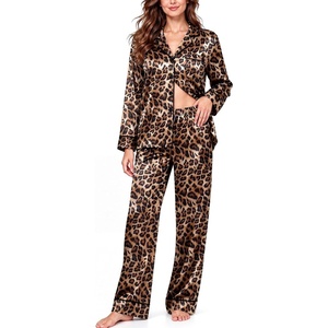 SWOMOG Womens Satin Pajamas Long Sleeve Sleepwear Silk Soft Button Down Loungewear Pjs Set S-XXL(Leopard)
