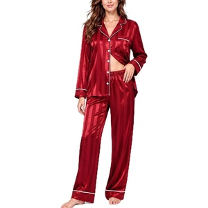 SWOMOG Womens Satin Pajamas Long Sleeve Sleepwear Silk Soft Button Down Loungewear Pjs Set S-XXL(Red Striped)