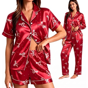 SWOMOG Womens Silk Satin Pajama Sets 3Pcs Button Down Pj Set Short Sleeve Sleepwear Loungewear Pjs Nightwear XS-XXL(Red and White Bow)