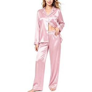 SWOMOG Womens Silk Satin Pajamas Set Long Sleeve Button Down Sleepwear 2 Piece Lounge Set Pj Set XS-3XL(Striped in Pink)