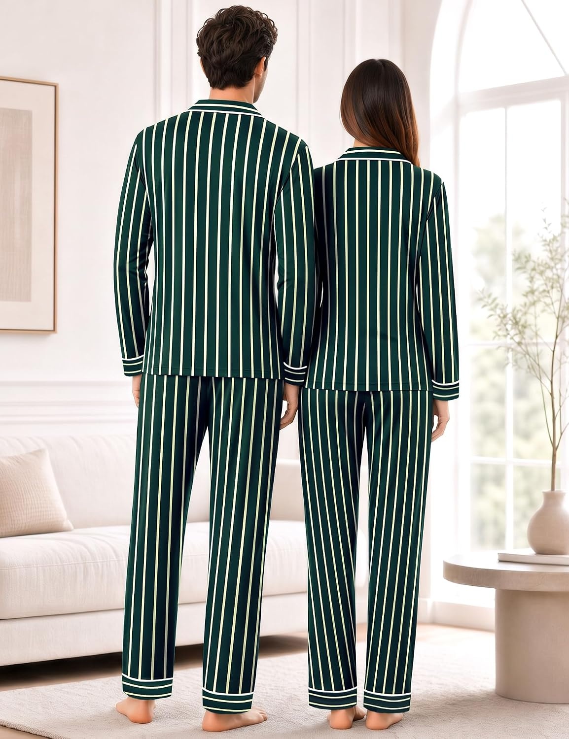 image:imageSWOMOG 100 Cotton Couples Pajama Set Long Sleeve Sleepwear Button Down Loungewear Pj Set with Pockets amp DrawstringGreen Stripes