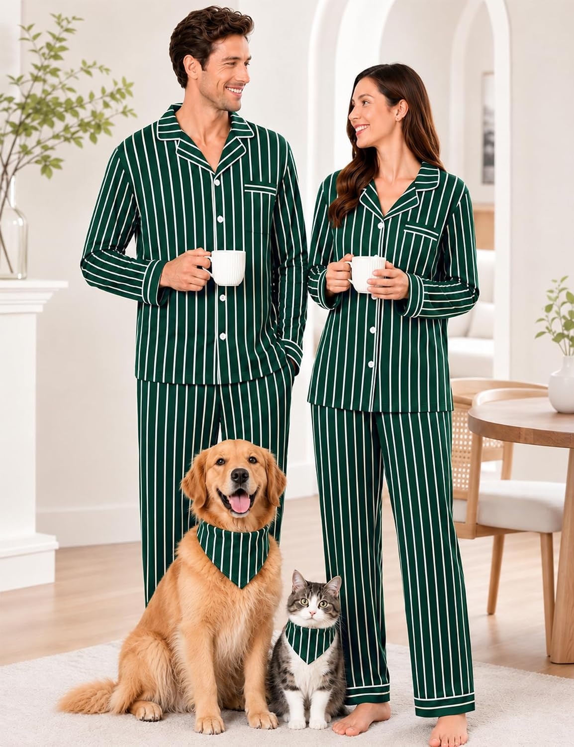image:imageSWOMOG 100 Cotton Couples Pajama Set Long Sleeve Sleepwear Button Down Loungewear Pj Set with Pockets amp DrawstringGreen Stripes