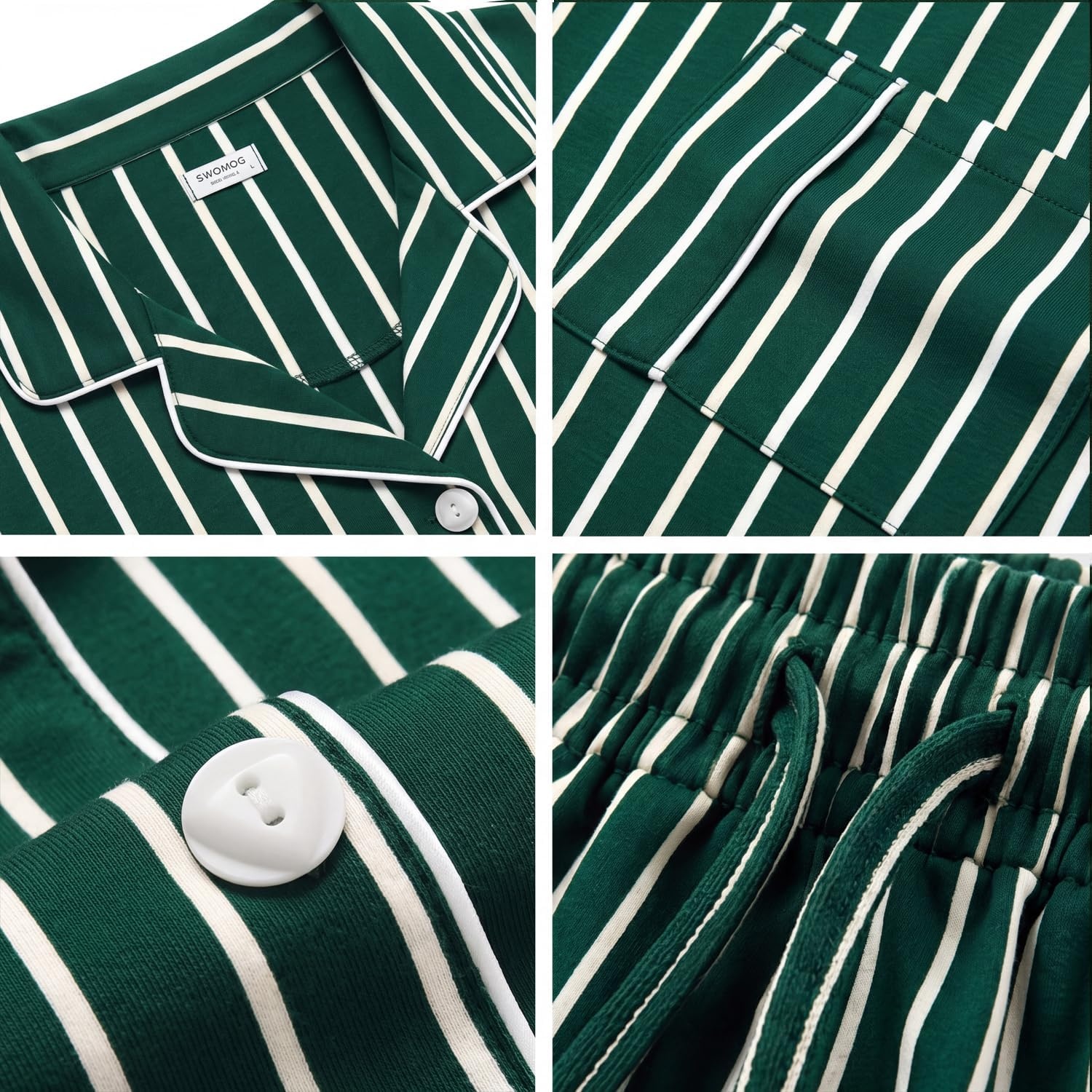 image:imageSWOMOG 100 Cotton Couples Pajama Set Long Sleeve Sleepwear Button Down Loungewear Pj Set with Pockets amp DrawstringGreen Stripes