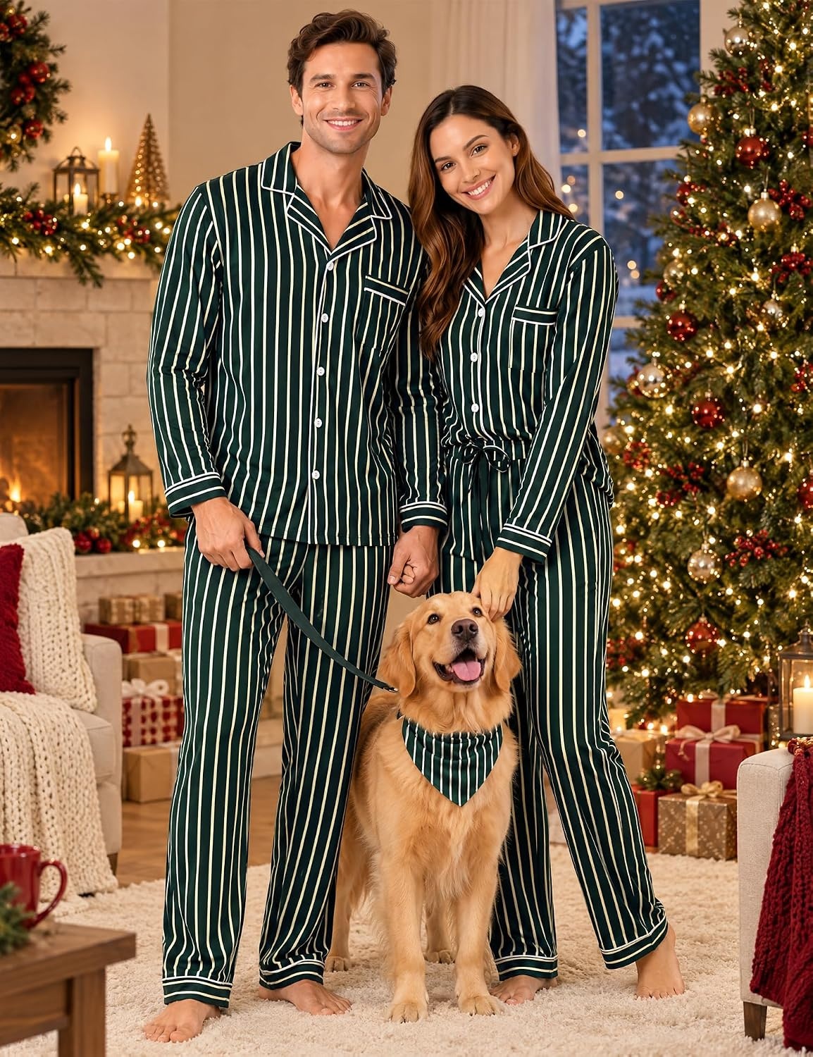 image:imageSWOMOG 100 Cotton Couples Pajama Set Long Sleeve Sleepwear Button Down Loungewear Pj Set with Pockets amp DrawstringGreen Stripes