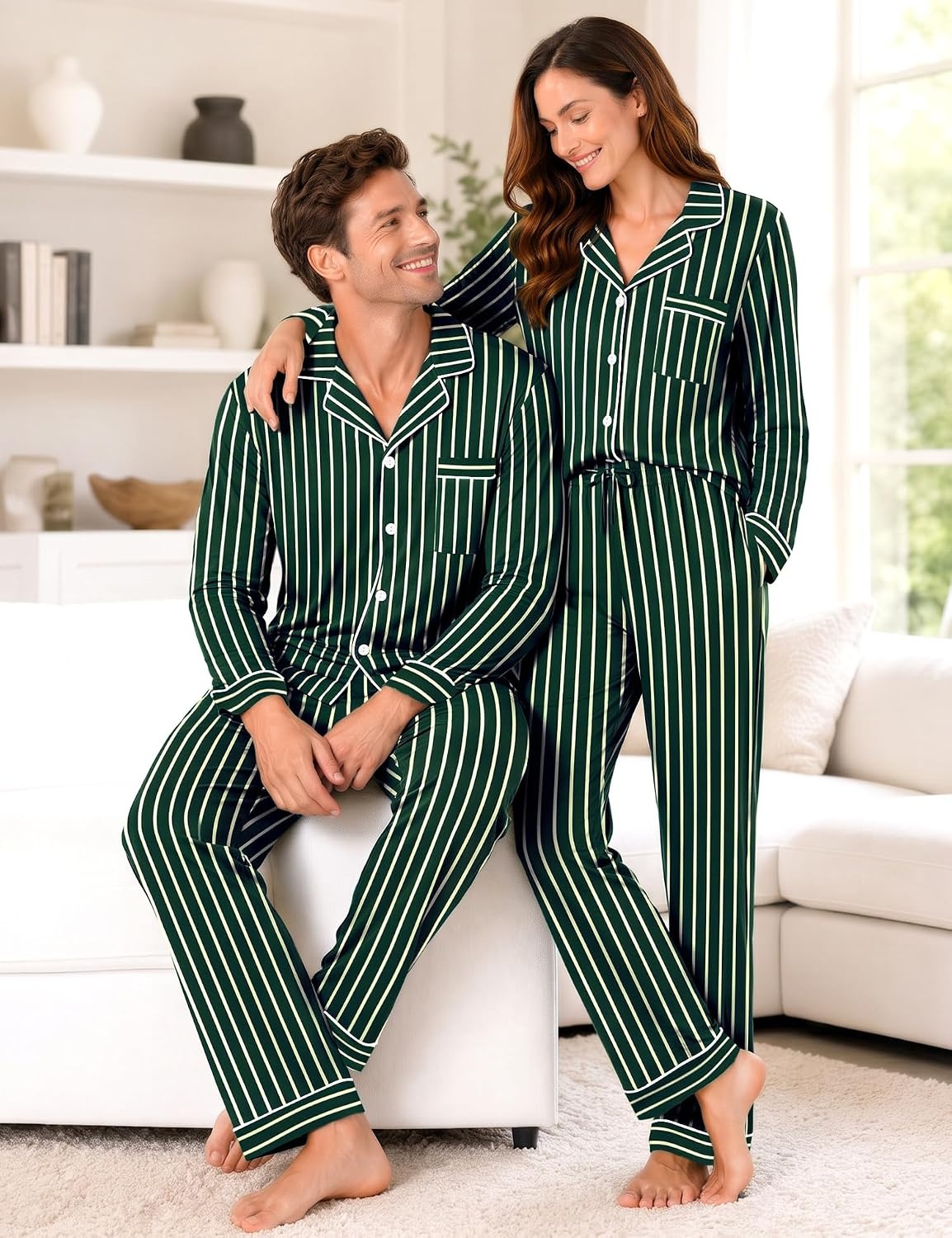 image:imageSWOMOG 100 Cotton Couples Pajama Set Long Sleeve Sleepwear Button Down Loungewear Pj Set with Pockets amp DrawstringGreen Stripes