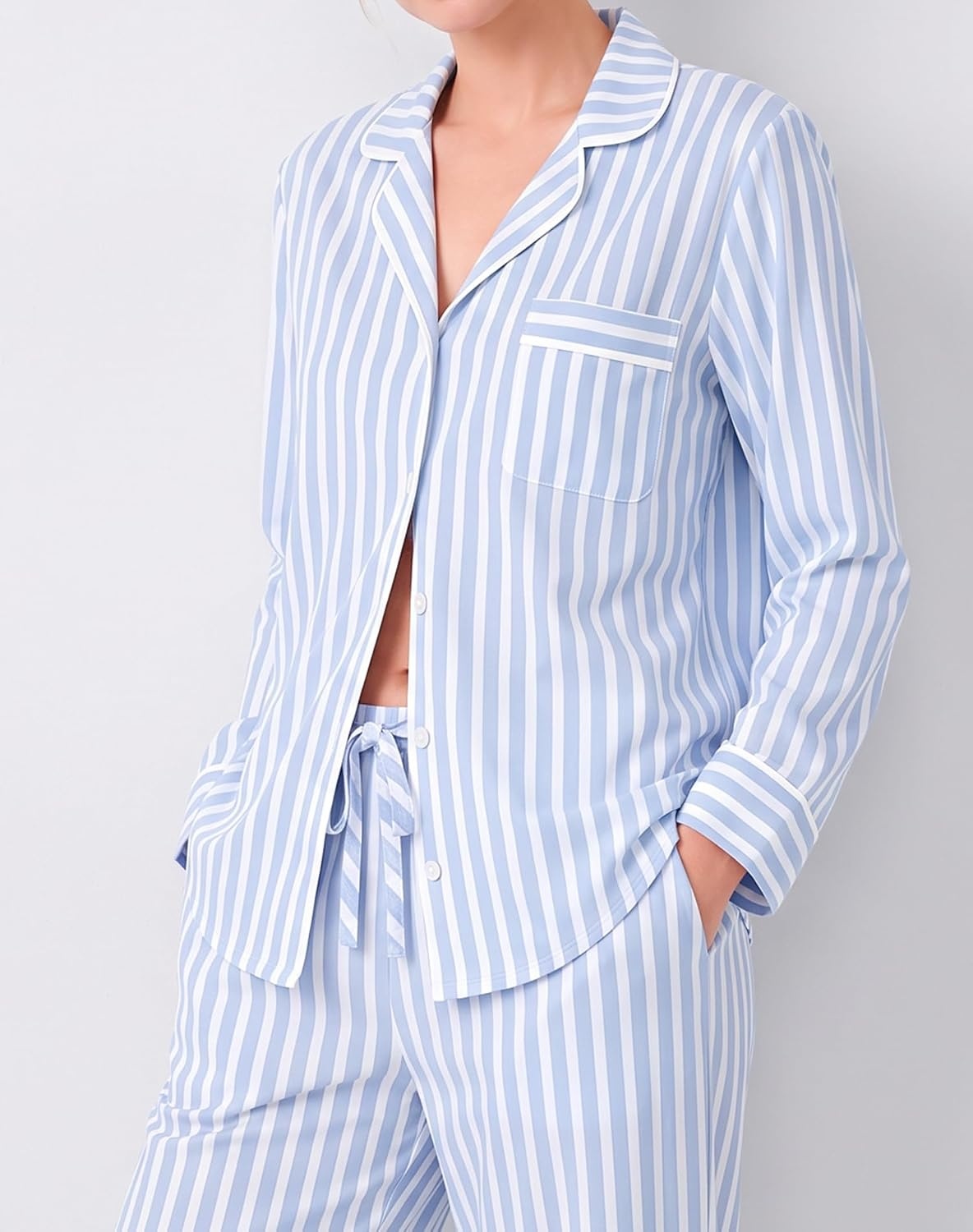 image:imageSWOMOG 100 Cotton Pajama Sets for Women Long Sleeve Button Down Pj Sets Sleepwear 2 Pcs Comfy Loungewear with PantsBlue Stripe
