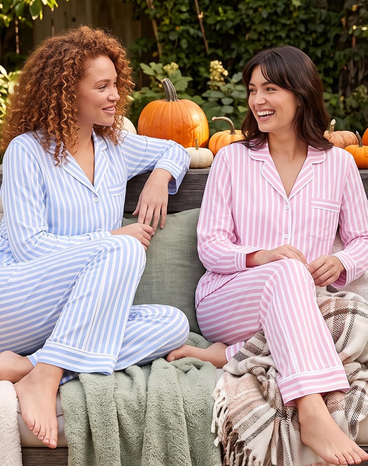image:imageSWOMOG 100 Cotton Pajama Sets for Women Long Sleeve Button Down Pj Sets Sleepwear 2 Pcs Comfy Loungewear with PantsBlue Stripe