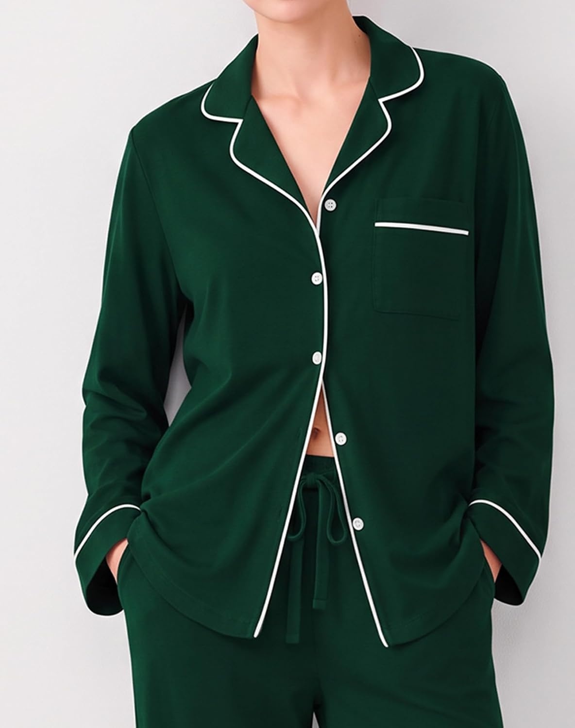 image:imageSWOMOG 100 Cotton Pajama Sets for Women Long Sleeve Button Down Pj Sets Sleepwear 2 Pcs Comfy Loungewear with PantsGreen