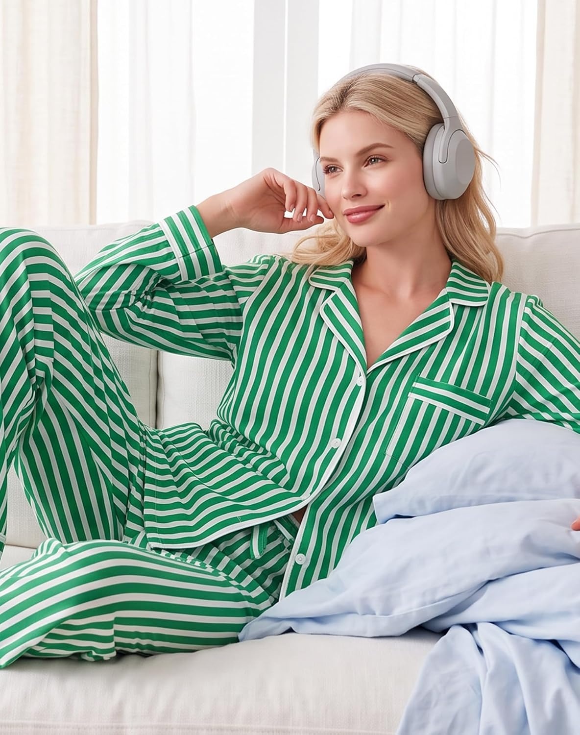 image:imageSWOMOG 100 Cotton Pajama Sets for Women Long Sleeve Button Down Pj Sets Sleepwear 2 Pcs Comfy Loungewear with PantsGreen Stripe