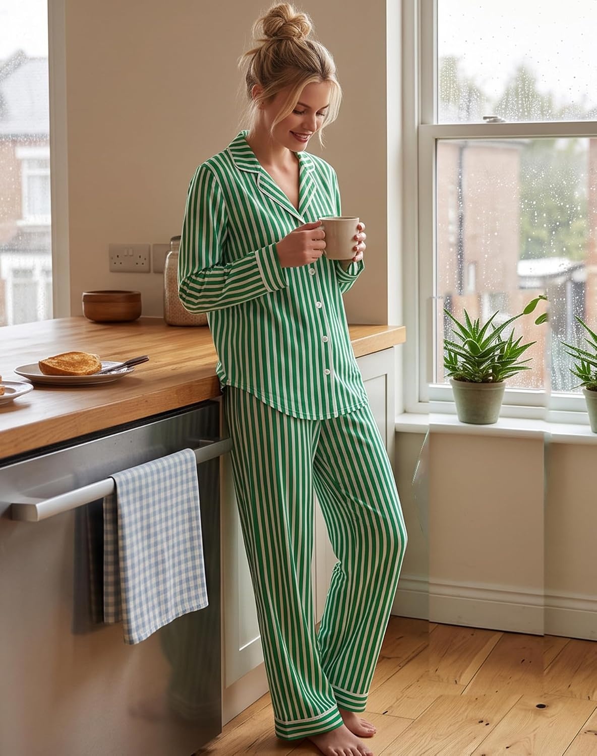 image:imageSWOMOG 100 Cotton Pajama Sets for Women Long Sleeve Button Down Pj Sets Sleepwear 2 Pcs Comfy Loungewear with PantsGreen Stripe