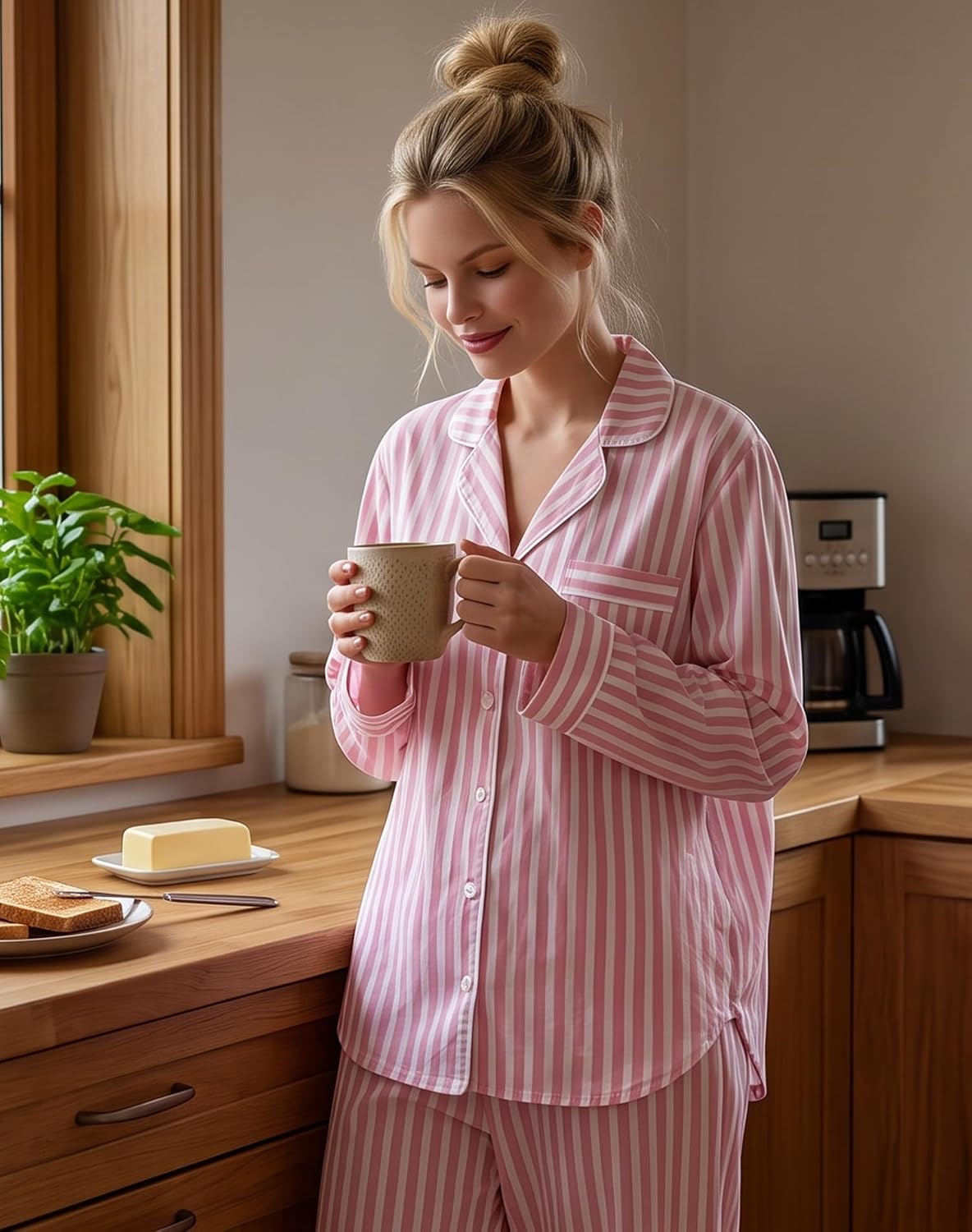 image:imageSWOMOG 100 Cotton Pajama Sets for Women Long Sleeve Button Down Pj Sets Sleepwear 2 Pcs Comfy Loungewear with PantsPink Stripe