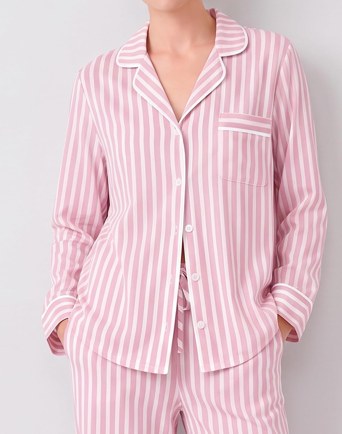 image:imageSWOMOG 100 Cotton Pajama Sets for Women Long Sleeve Button Down Pj Sets Sleepwear 2 Pcs Comfy Loungewear with PantsPink Stripe