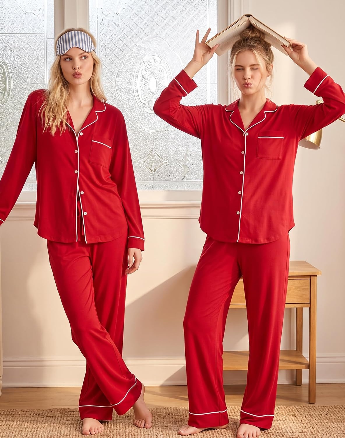 image:imageSWOMOG 100 Cotton Pajama Sets for Women Long Sleeve Button Down Pj Sets Sleepwear 2 Pcs Comfy Loungewear with PantsRed