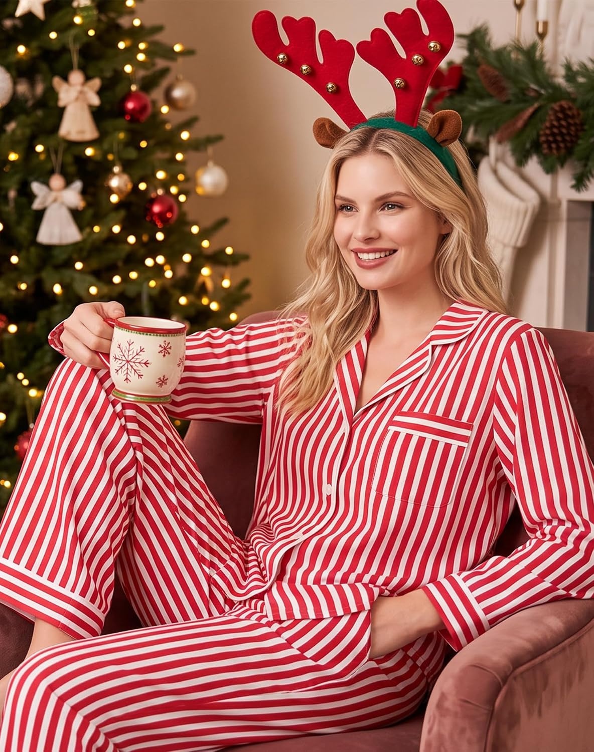 image:imageSWOMOG 100 Cotton Pajama Sets for Women Long Sleeve Button Down Pj Sets Sleepwear 2 Pcs Comfy Loungewear with PantsRed Stripe