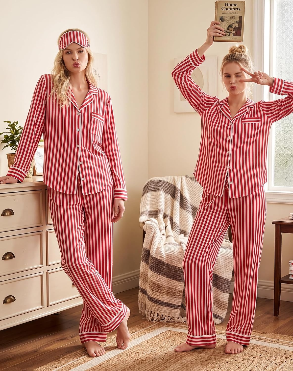 image:imageSWOMOG 100 Cotton Pajama Sets for Women Long Sleeve Button Down Pj Sets Sleepwear 2 Pcs Comfy Loungewear with PantsRed Stripe