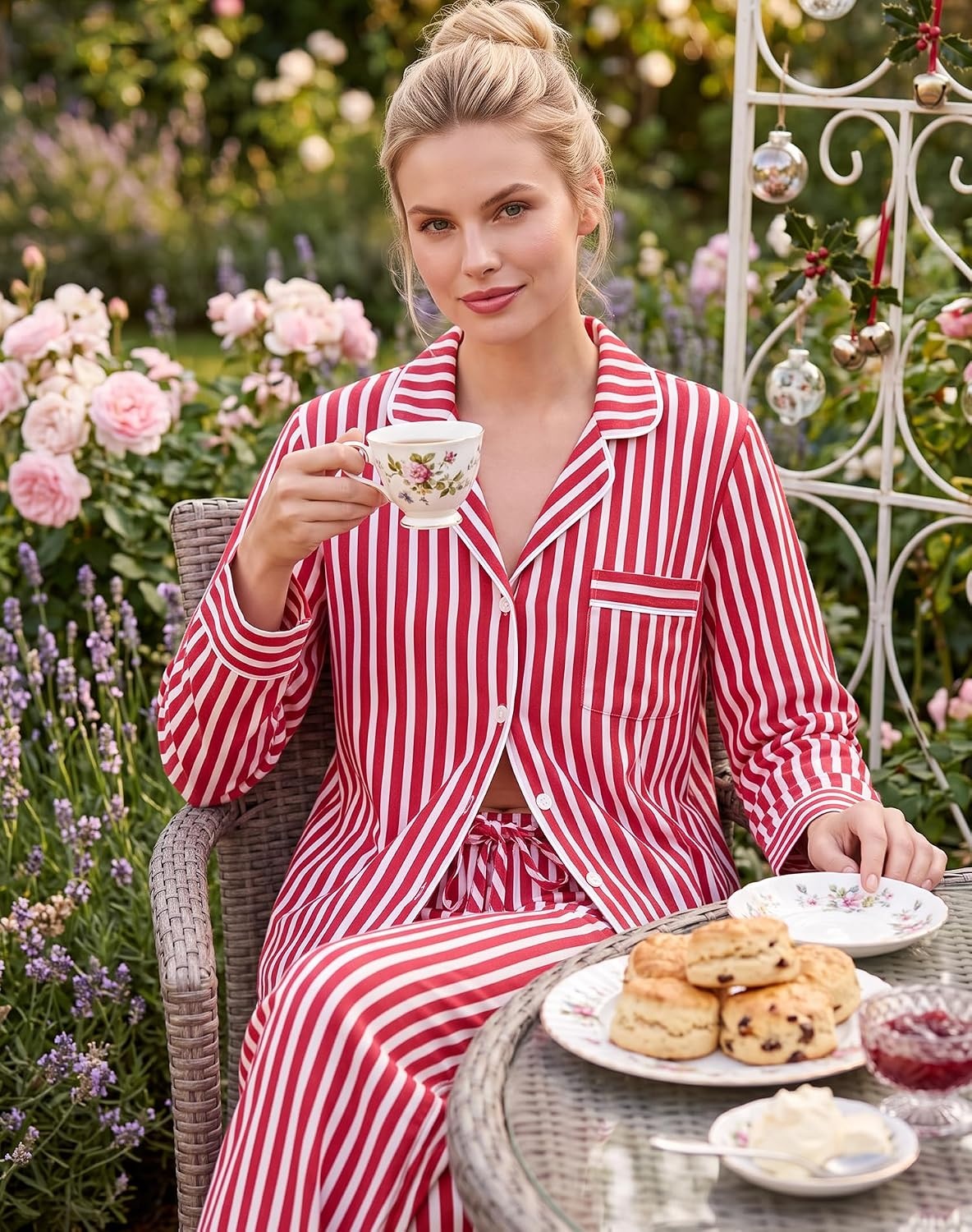 image:imageSWOMOG 100 Cotton Pajama Sets for Women Long Sleeve Button Down Pj Sets Sleepwear 2 Pcs Comfy Loungewear with PantsRed Stripe